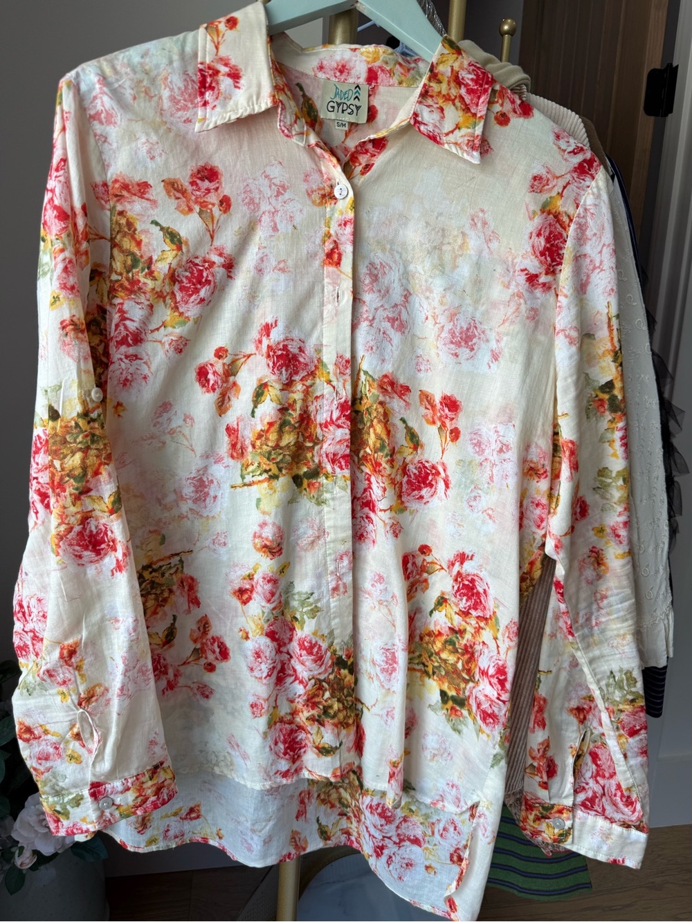 Johnny Was Floral Button-Down Shirt in Cream with Pink and Red Roses